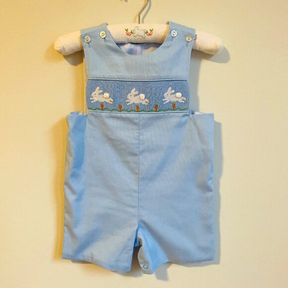 Little English Other - 🥕🐇 NWOT Little English Smocked Easter Bunny & Carrots Light Blue Shortalls 12M